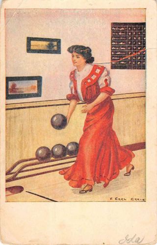 Lady Bowling Alley Ball Scene Antique Postcard K60535