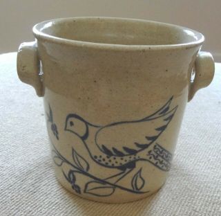 Small Ceramic Crock With Blue Bird.  Signed