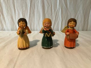 Set Of 3 Vintage Anri Girl Angel Band Dresses Musical Instrument Wood Figurines