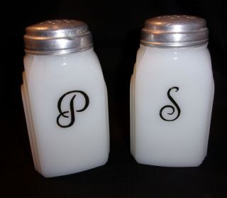 Vintage Milk Glass With Black Graphics Salt & Pepper Shakers Aluminum Caps