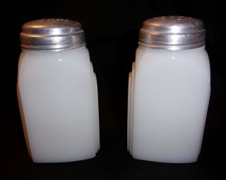 Vintage Milk Glass with Black Graphics Salt & Pepper Shakers Aluminum Caps 2