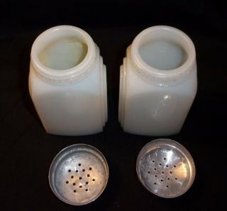 Vintage Milk Glass with Black Graphics Salt & Pepper Shakers Aluminum Caps 3