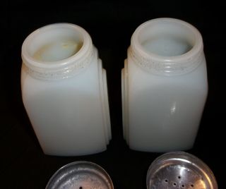 Vintage Milk Glass with Black Graphics Salt & Pepper Shakers Aluminum Caps 4