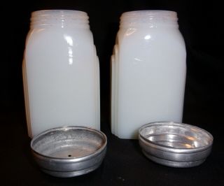 Vintage Milk Glass with Black Graphics Salt & Pepper Shakers Aluminum Caps 5