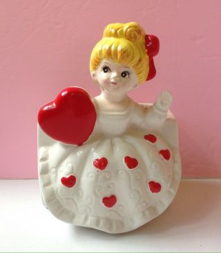 Adorable Vintage Relpo Valentine Heart Girl Figurine Planter