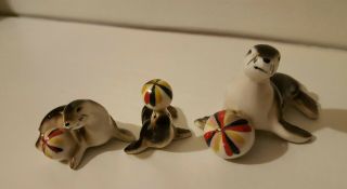 Set Of 3 Miniature Antique Porcelain Seals With Beach Balls