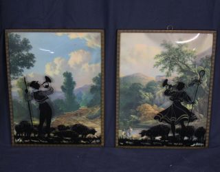 2 Vtg Silhouettes Pictures Couple Sheep Lamb French Horn Alp Convex Bubble Glass