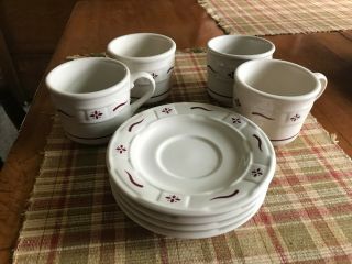 Longaberger Traditional Red Pottery Set Of 4 Cups And Saucers
