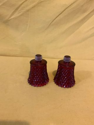 Vintage Set Of 2 Ruby Red Diamond Point Peg Votive Cup Glass Candle Holders G