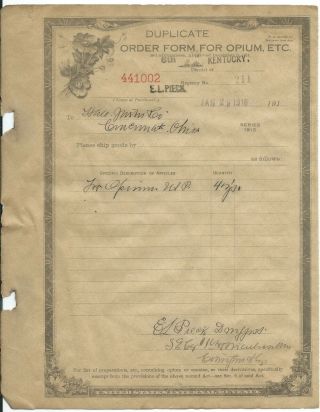 Vintage 1916 Order Form For Opium,  Etc - 6th Dist.  Of Kentucky