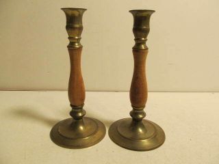 Pair Vintage Brass And Wood Candlesticks Holders 8”.