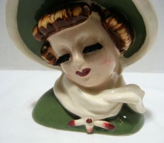 Vintage Napco Lady Head Vase Brown Hair Green Hat Long Lashes 5