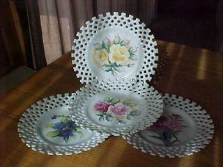 Vintage - Hand Painted Flowers On White Porcelain Decorator Plates
