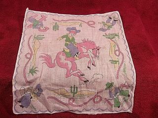 Vintage Handkerchief 8 " X 8 ",  Of Kid Cowboy On A Bucking Bronk