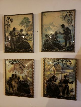Vintage Reverse Painted Silhouettes Convex Glass Set Of 4 Framed