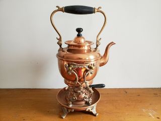 S&c Antique Copper Teapot Kettle With Warming Stand - 1892 Patent On Burner