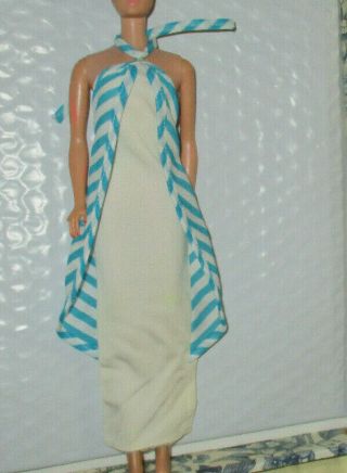 Vintage Barbie Best Buy 2557 1975 Long Halter Blue & White Dress