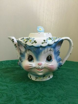 Vintage Miss Priss Kitty Cat Lefton Japan Blue Teapot 1516 4 Cup Easter Spring