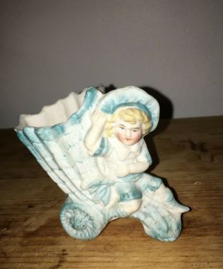 Vintage Or Antique Fine Painted Bisque Young Boy With Shell Cart Planter Vase