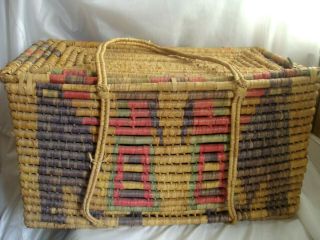 Vintage Large Boho Basket Multi - Color Woven Coil Round Ethnic Decor Storage Lid