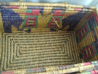 VINTAGE Large Boho BASKET Multi - color Woven Coil ROUND Ethnic Decor Storage Lid 3