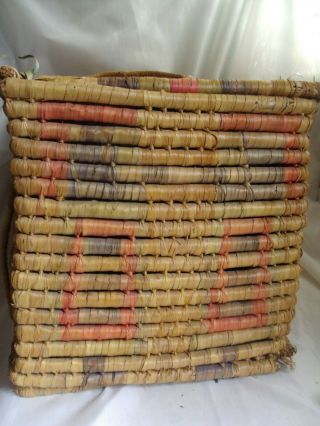 VINTAGE Large Boho BASKET Multi - color Woven Coil ROUND Ethnic Decor Storage Lid 4