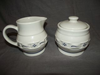 Longaberger Woven Traditions Classic Blue Sugar Bowl And Creamer - Usa