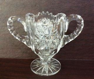 Cut Crystal Open Sugar Bowl Double Handle Sawtooth Edge 5” Tall 6” Wide