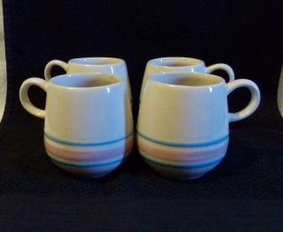 Vintage Mccoy Pottery Pink And Blue Striped Barrel Shape Coffee Mugs - Set Of 4