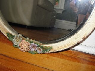 VINTAGE 30 ' S WOOD CARVED FLORAL BARBOLA WHITE ROUND MIRROR COTTAGE SHABBY CHIC 3