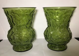 Set Of 2 Vintage E.  O Brody Co.  Emerald Green Crinkle Glass Flower Vase 8 " Tall