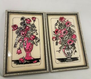 Vintage Shabby Chic Reverse Painted On Glass Foil Roses Flower Floral Picture