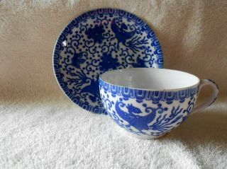 Vintage Blue And White Japanese Phoenix Bird Tea Cup And Saucer