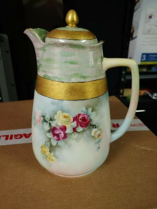 Silesia Alice Ceramic Pitcher,  Green And Floral Print With Gold Trim.  German.