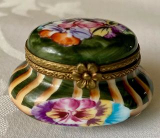 Pretty Rochard Sc Limoges Hand Painted Trinket Box,  Pansies,  Cond