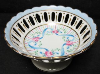 Vintage Royal Danube Porcelain Footed Trinket Dish Pink Roses & Blue Ribbon