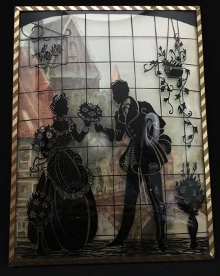 Man & Woman Romantic Benton Glass Silhouette Curved Glass Reverse Painted