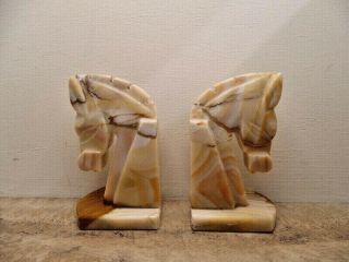 Vintage Trojan Horse Head Bookends Hand Carved Onyx Rock Marble Stone Book Ends