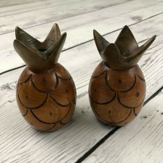 Vintage Pineapple Candle Holders Set Of 2 Wooden Handmade Tiki Mid Century