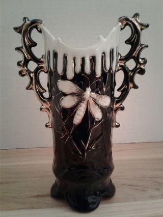 Vintage Art Nouveau Cobalt Blue Dragonfly small Vase w/Gold Trim & Twig Handles 3