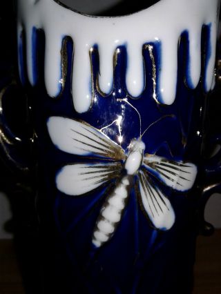 Vintage Art Nouveau Cobalt Blue Dragonfly small Vase w/Gold Trim & Twig Handles 4