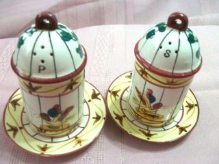 Cute Vintage Salt And Pepper Shaker Set Colorful Bird In Cages On A Tray Japan