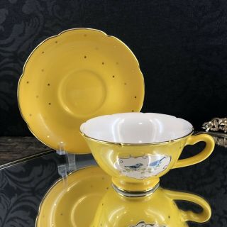 Anthropologie Yellow Bluebird Tea Cup And Saucer Porcelain China Teacup