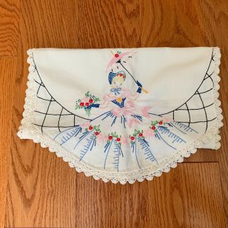 Crinoline Lady Hand Embroidered Lace Trim Table Runner Dresser Scarf Lovely