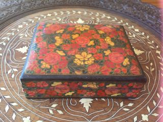 Vintage India Lacquerware Paper Mache Box W Floral Design Red Yellow Black Gold