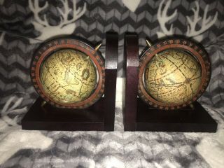 Vntg Old World Map Spinning Globes Bookends Wood Base Set Of 2 Armbee Collectibl