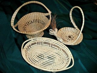 3 Decorative Coiled (south Carolina Gullah Sweet Grass Baskets ?) W/ Handles