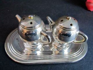 Silver Plated Salt & Pepper Shakers On Tray Teapots