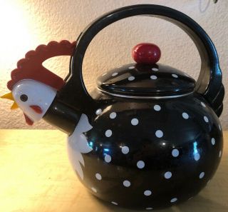 Vintage Retro Look Chicken Rooster Metal Tea Pot Black Polka Dot Red White