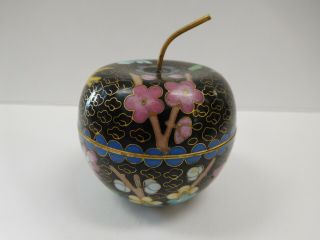 Vintage Brass Cloisonné Enamel Apple Bird Flower Trinket Box With Lid Curio